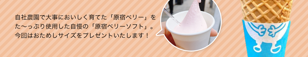 自社農園で大事においしく育てた「原宿ベリー」をた～っぷり使用した自慢の「原宿ベリーソフト」。今回はおためしサイズをプレゼントいたします！